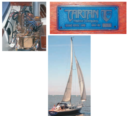 The Atomic 4, at left, has marvelous access in the cabin amidships under the short piece of the L-shaped settee. The Tartan builder’s plate, above. The Tartan 30 under sail, below left.