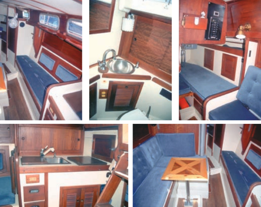 Starboard settee/berth, above left. Head compartment, center. Quarter berth and AC/DC fuse panel, above right. Aft galley, below left. Main saloon with custom snack table, below right.