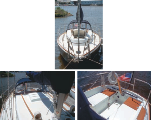 At the dock, head-on, above. Cabintop, looking aft, starboard side, below left. Cockpit, below right.