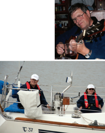 Tom, above, and at the helm, at right, is a creative musician, the type who writes the lyrics and music to songs . . . sometimes instantly. Sandy is equally comfortable at the helm. Her own form of creativity tends toward building model ships from scratch.