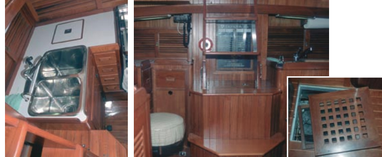 Seaquestor was customized for Bill and Rockie Truxall according to their plans. The U-shaped galley, nav station, and upholstery fabric are in the same great shape they were in 1988 when she was delivered. The grate at the bottom of the companionway catches sand, making it easier to keep the sole clean.