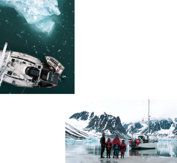 Driver, summer 2000, on Magdalene Fjord in Spitsbergen, Norway, near 80 degrees north latitude, above. The Martin family on the beach in Spitsbergen, Norway, summer 2000, at right. The Magdalene glacier is in the distance. One of the methods for anchoring in ice-strewn waters is to anchor in the shallowest water possible so that icebergs will run aground before they hit the boat.