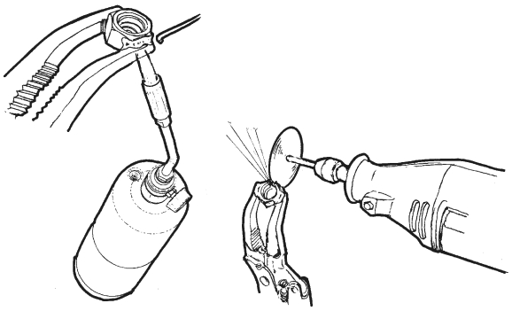 Silver brazing equipment, at left, is a valuable addition to your boat’s toolkit. Use a Dremel tool to cut the attached nut in half, as shown at right.