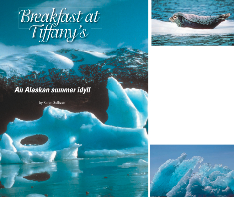 Fantastic ice shapes await our imaginations. On facing page, blue ice sculptures in a floating crystal garden, at right. Drifting past the cove was an occasional seal draped on a bergy bit, like a movie starlet in an icy spa, above.