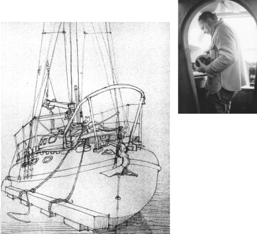 Author Richard Smith at main bulkhead, above. Drawing of Jane Duck by Peter Richardson, at left.