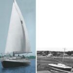 A modest sail plan, on facing page. Waiting between tides in Heswall, England, at right.