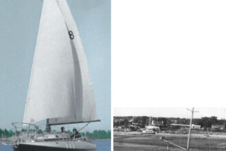 A modest sail plan, on facing page. Waiting between tides in Heswall, England, at right.