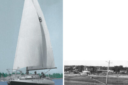 A modest sail plan, on facing page. Waiting between tides in Heswall, England, at right.