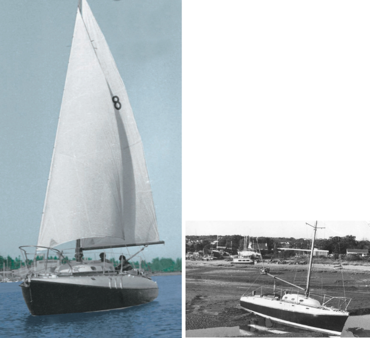 A modest sail plan, on facing page. Waiting between tides in Heswall, England, at right.
