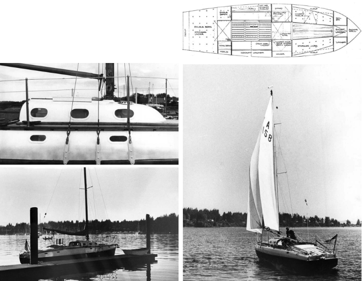 Roller boom reefing gear, small port-lights, and substantial standing rigging, at left. Jane Duck with William Atkin tender, below, in Eagle Harbor on Bainbridge Island, Washington. On facing page, accommodation plan, at top, and sailing in Eagle Harbor, below.