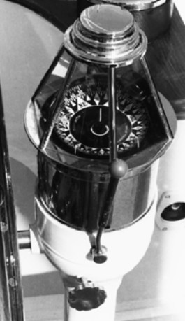 This charming binnacle houses a hybrid compass showing points (arrows) as well as a 360 ̊ card. More typically, in the era of points, cards were expressed in four 90-degree segments.