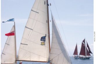 Trekka under sail from Port Townsend, Washington, to Victoria, British Columbia, with Sandy Goodall at the helm.
