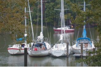 A few of the good old boats tied up at Sailor’s Wharf headquarters and party central for the Annapolis Good Old Boat Regatta.