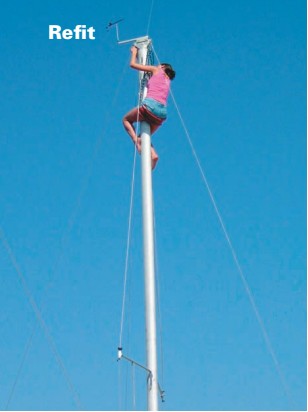 Sara, the fearless and small friend of Penn’s daughter, Katie, retrieves the jib halyard which had been overlooked when the mast was raised on the Wallace family’s new (used) Chrysler 22.