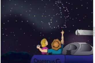 illustration of man and woman stargazing