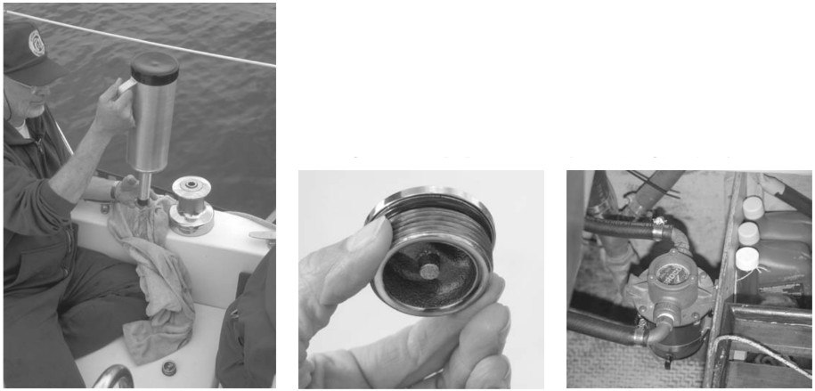 A Baja filter, at left, will remove water and solids. Defective fuel-fill O-rings, center, cause many engine failures. A raw-water filter, at right, stops large solids from reaching the pump.