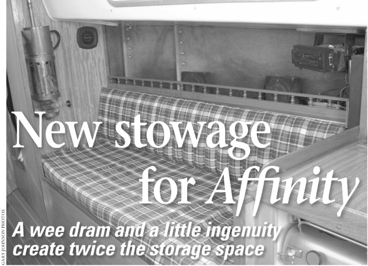 Affinity’s starboard side in the main saloon as she was originally built in 1973. The shelf is 6 inches wide. The spindle rail is unable to hold things in place when heeling to port in a strong wind.