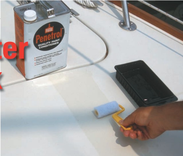 Penetrol, a petroleum-based additive, penetrates the porous fiberglass of an aging deck. The coating also impedes moisture penetration.