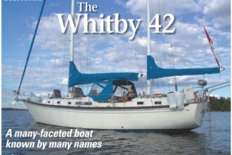 Brian Stewart’s Whitby 42, Pilgrim, awaits the return of her crew.