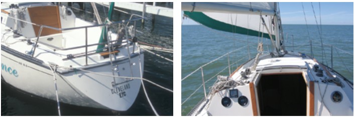 The swim ladder looks handy, but you have to climb over the stern pulpit to get into the cockpit, at left. Sail controls are led aft to rope clutches and winches to either side of the companionway. Note the sea hood, at right.