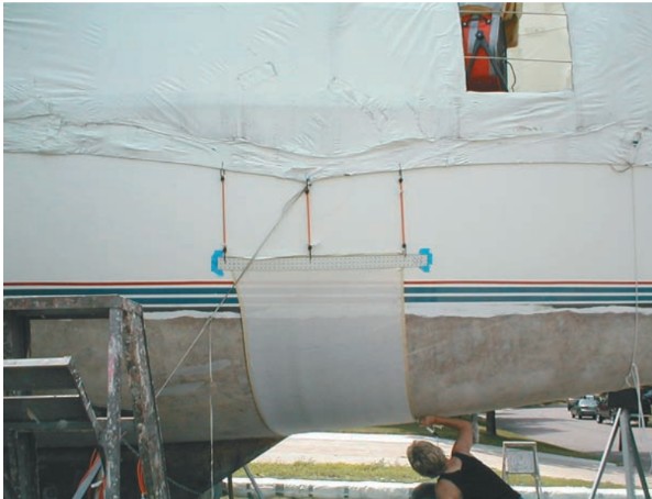 Vespera’s 51-foot hull was ground down to the first layer of roving and the hull was then faired. The gelcoat and mat had to be removed because the gelcoat was cracked and the mat was hydrolyzed.