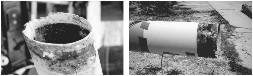 Once the mast was out of the boat, the truth became all too apparent, at left. You can cut through a mast with a good hacksaw with a sharp blade. Be careful to cut it straight, at right.