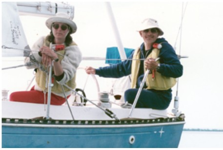 Jerry and Karen under sail aboard the 1976 C&C 30 during their first year of ownership in 1993. They prefer wilderness sailing, taking along a kayak-that-serves-as-dinghy to hunt for caribou — with a camera, of course.