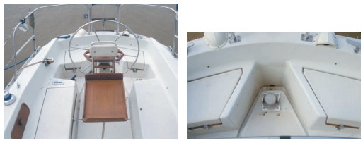 The T-shaped cockpit, at left, allows the helmsman to move to port and starboard to check the set of the sails and watch for boat traffic. The rudderstock, at right, is easily reached to secure an emergency tiller that clears the pedestal.