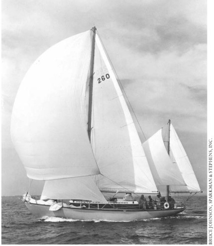 Finisterre first owned by Carleton Mitchell, has an impressive race record, including an unprecedented three wins in the Newport-Bermuda Race. Designed to the CCA rule by Sparkman & Stephens, number 1054 is a centerboard yawl because the rule favored shallow draft and did not penalize mizzen staysails.