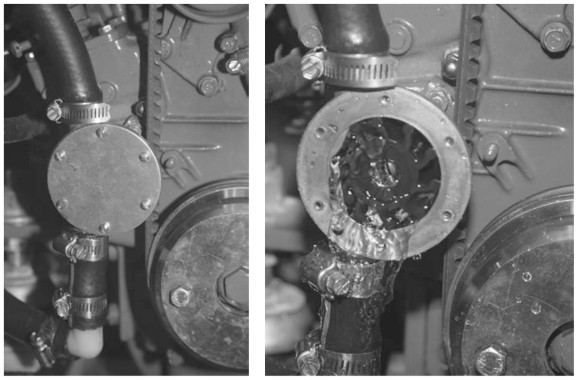 You must have two-hand access to the raw-water pump, at left. Most raw-water pumps are below the waterline. If the impeller leaks, at right, it can flood the engine.