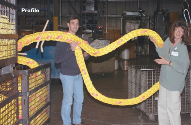 Eye splices come in all sizes. While touring the Samson plant in Ferndale, Washington, Karen Larson observed that her C&C 30 could use some new docklines. Manufacturing engineer, Mike Edwards suggested “a little something in yellow and pink.”