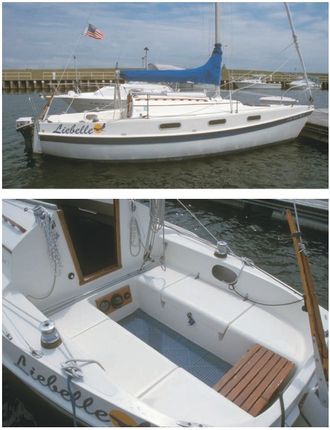 The cockpit has comfortable backrests. Under the teak helmsman’s seat is the best location for the portable fuel tank, at bottom. Liebelle is owned and sailed by Jim Bridgens.