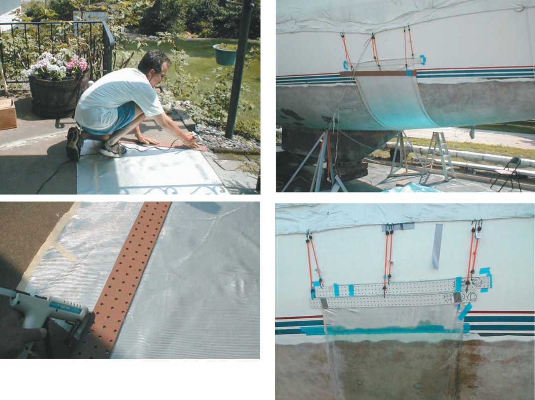 Each section of fiberglass cloth was cut to the correct length and Stan glued Masonite strips to the edges to attach the bungees. Before wetting anything out, he and his wife, Kathy, test-hung both layers of cloth to make sure they fit. They offset each 4-foot wide layer of cloth with a 6-inch overlap so there would be no gaps between sections. The cloth wrapped around most parts of the boat was more than 15 feet long. It would be impossible to work with pieces of cloth this large without a system to hold it in place.