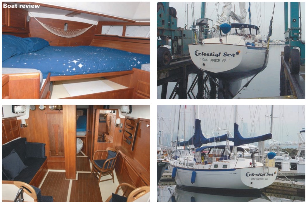 Interior and shots of the V-berth and cabin of Mike Curry’s Whitby 42, upper and lower left. Celestial Sea, owned by Scott and Cheryl Young, shows off her lines both above and below the waterline, upper and lower right.