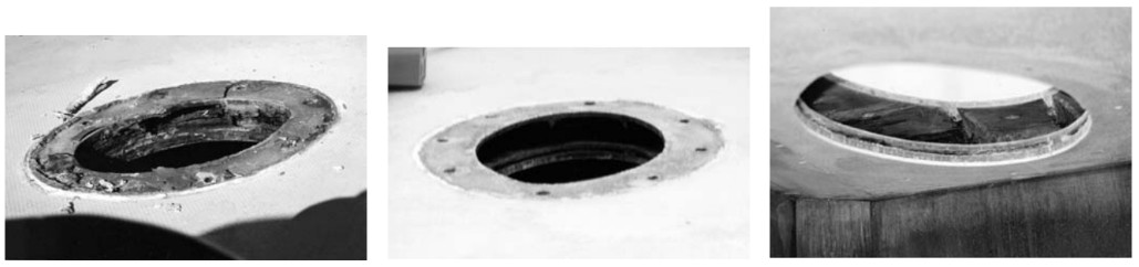 Shown at left, the mast partner area before repair has work to be done. Clean partner area ready for epoxy fill, center. At right, shown from below, loose adhesive between the headliner and bottom deck laminate has been removed. Note that the staining on the headliner has been cleaned off. There was only cosmetic discoloration of the bulkhead tops. Inspect any bulkheads in the immediate vicinity for water damage.