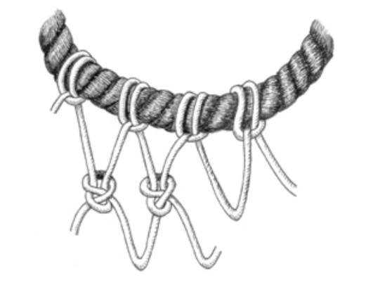 Clove-hitch a row of evenly spaced loops around your grommet. For a first bag, 10 or 11 loops will work well. Leave enough cotton line to make a V-shaped loop between each clove hitch. You can use a netting needle if you want, but I just coil the line neatly and let some out as needed. Tie the ends together when you finish this row. Start a second row using the knot shown here, and keep going until the cylindrical net is the length you want.