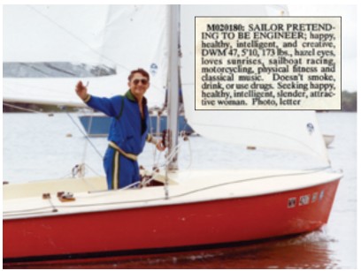 Jerry races a Flying Scot, circa 1996, facing page. He participated in 40 to 50 races a year while a member of the Wayzata Yacht Club near Minneapolis, before Karen coaxed him into cruising. That decision, of course, came after the classified ad that coaxed Karen to meet Jerry.