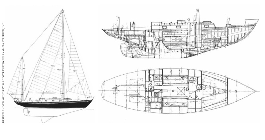 Sail plan, at left. Accommodation plan and profile drawing of the original Finisterre, Sparkman & Stephens design 1054, at right.