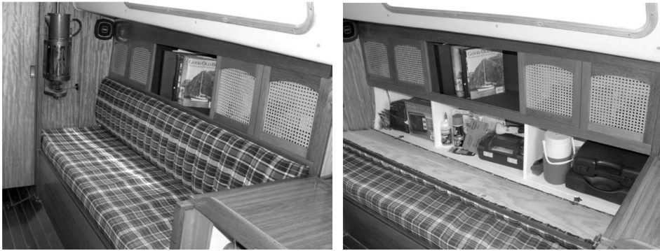 The finished project, with the two sliding doors enclosing the bar and the cupboard and the open bookshelf in the middle, at left. A great deal of easy access storage space has been gained behind the settee back, at right. The sleeping berth can be pulled out 12 inches when needed to more than compensate for giving up 6 inches to storage shelves and lockers.