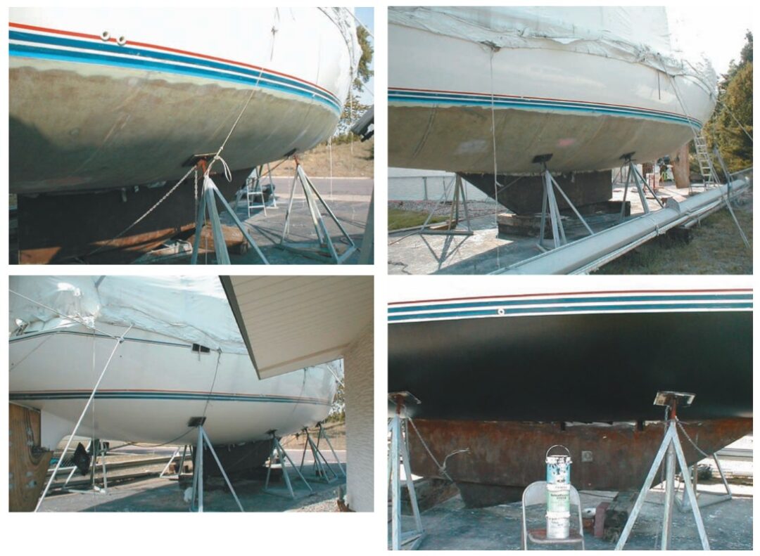 The goal was to avoid the use of fairing compounds (and the time-consuming sanding which accompanies their use) on top of the new epoxy laminate. The bottom is shown after the initial removal of the gelcoat and mat, faired and ready for glass replacement, following the replacement of cloth, and repainted.