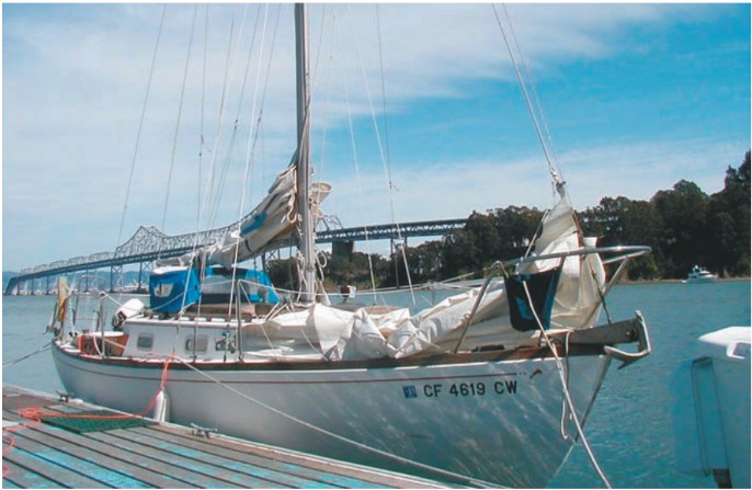 Jim Sutro’s Yankee Dolphin, Duckling, in Clipper Cove, San Francisco Bay.