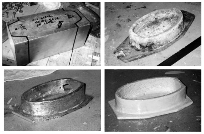 At top left, 1⁄4‐inch x 4-inch-square aluminum tubing scrap with the outline of the original step casting. This will become the mast step riser that sits on the keel. It’s worth less than $10 from a scrap metal dealer. The mast step has been removed from the boat, top right. The mast step is now clean and bare with the ears cut off and holes drilled. Note the area where it corroded all the way through. This will be filled with thickened epoxy, lower left. Bottom right, Phillip bedded and through-bolted the step casting to the top plate of the riser. Then he bedded and screwed the riser to the keel. He coated the screws and bolts with 3M 5200 where they contacted the aluminum.