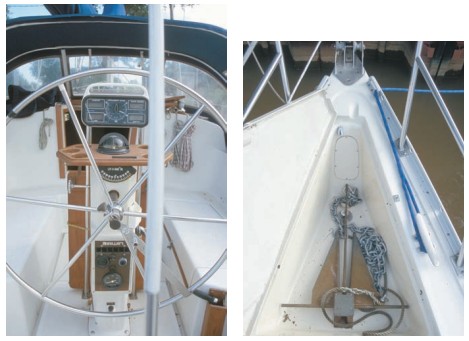 A view from the helmsman’s position, showing the steering pedestal, at left. At the bow, at right, is an anchor well of sufficient size to hold one anchor and rode.