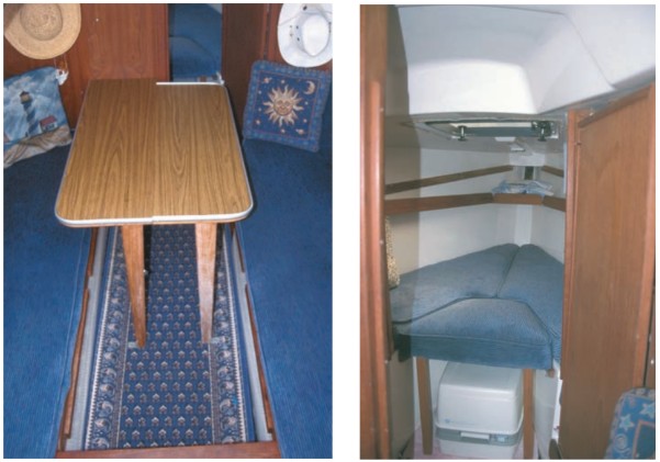 The dinette table folds down from the main bulkhead, at left, to seat four persons. The short V-berth forward, at right, is best suited for children. Opposing settes can function as single berths or, very clever, as a large double with the addition of a plywood insert.