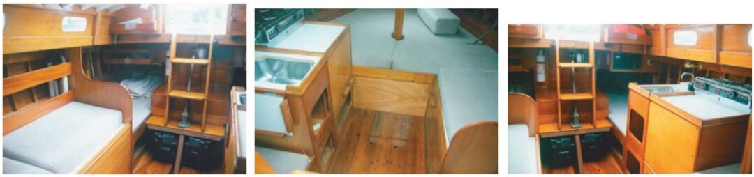 Trina’s interior is similar to the interior in the O’Day Dolphins with two quarter berths and an open V-berth, which can be lengthened with filler cushions. A marine head is under the settee on the starboard side. A flip-up table extends the counter space by the galley sink and adds an eating surface for informal dining. A cover converts the sink to an additional countertop. The Yankee Dolphin was introduced with an updated interior plan.