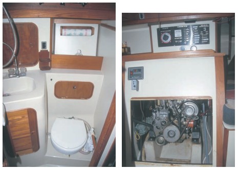 The head, at left, is a molded fiberglass module with shower. The 15-hp Yanmar diesel, at right, is easily accessed through a removable panel in the cockpit sole and from behind the companionway stairs.