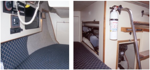 There’s room for electronic instruments above the surprisingly spacious starboard quarter berth, at left. Good access to the engine is gained through a removable panel inboard of the quarter berth, at right.