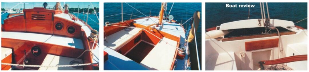 Trina’s cockpit, left and middle. Note the difference in the arrangement of the tiller on Icelander, at right, Bill Watson’s Yankee Dolphin, compared with Trina.