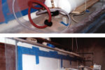 A sheet of strong poly is sealed to the area and a vacuum pump is used to supply an even clamping pressure.