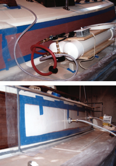 A sheet of strong poly is sealed to the area and a vacuum pump is used to supply an even clamping pressure.